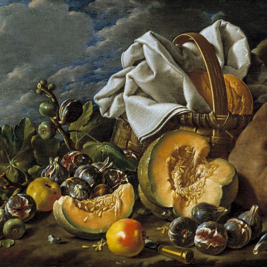 Bodegón con melón y brevas manzanas bota de vino y cesta de merienda en un paisaje