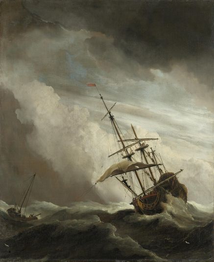 Een schip in volle zee bij vliegende storm, bekend als ‘De windstoot’
