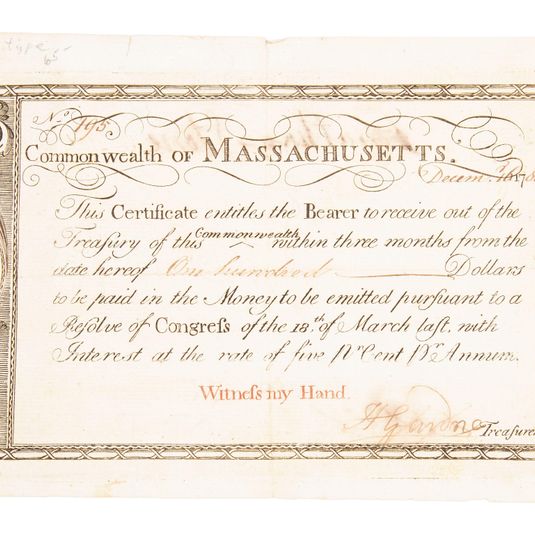 Commonwealth of Massachusetts Bay Treasury Certificate, December 16, 1780