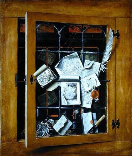 A trompe l'oeil of an open glazed cupboard door, with numerous papers and objects