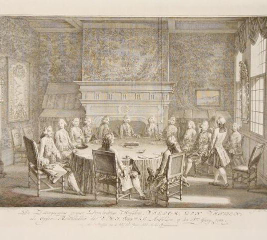 'De Zittingsneming Zyner Doorluchtige Hoogheid, Willem den Vijfden, als Opper-Bewinthebber der E.W.I. Comp.nie Te Amsteldam, op den P.mo Juny 1768.'
