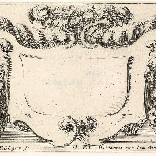 Plate 11: a cartouche with fruits, flowers, and leaves at top, a mask of a faun in profile to either side with a festoon of fruits and flowers in each of their mouths, from 'Twelve cartouches' (Recueil de douze cartouches)