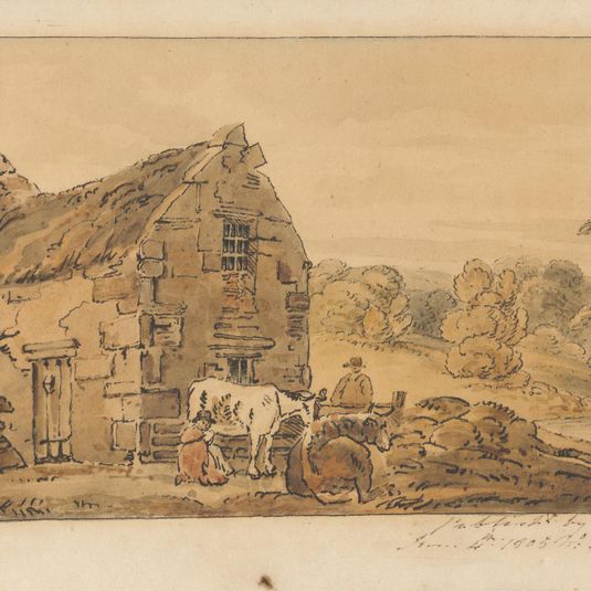 Cottage and Two Cows Being Milked
