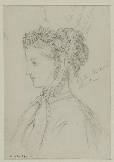 Tête féminine de profil avec coiffe fleurie nouée sous le menton, Fonds d’archives graphiques de Maurice Leloir