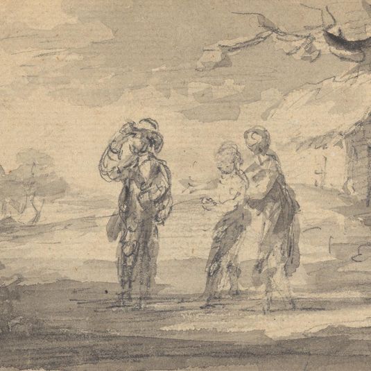 Landscape with three figures, cottage, and church spire