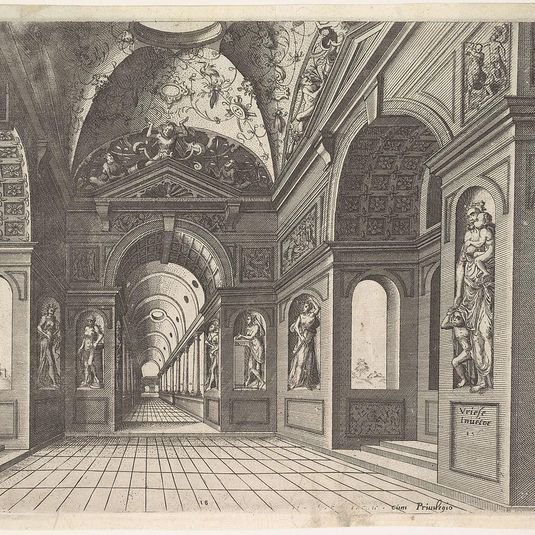 Perspective view of the interior of a hall, with cross-vault decorated with grotesques, plate 18, from Scenographiae sive Perspectivae