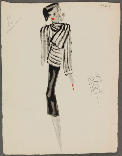 Jacquette courte blanche travaillée en bandes sur robe noire, 1938, Fonds d'arts graphiques de la maison Max Fourrures