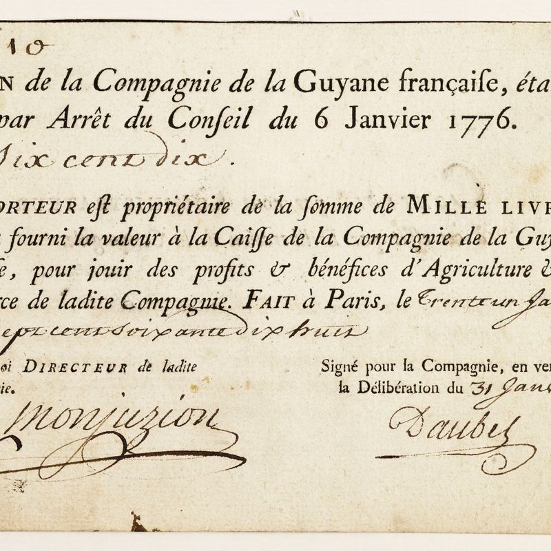 Action de 1000 livres, Compagnie de la Guyane française, n° 610, 31 janvier 1778