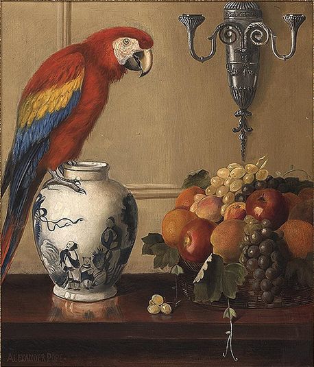 Still life of Macaw, Chinese Vase and Fruit