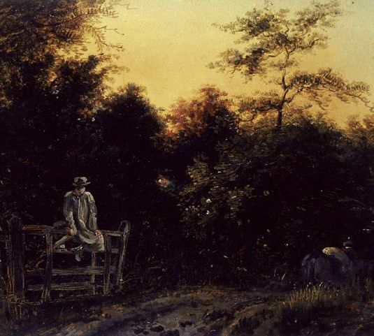 Landscape with a Track and a Man Sitting on a Gate