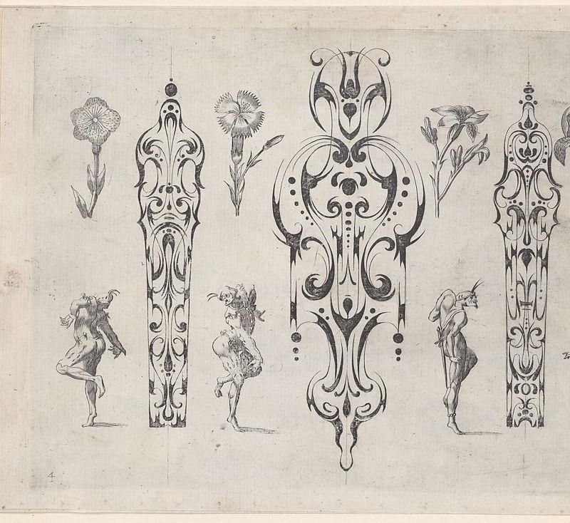 Blackwork Designs with Flowers and Commedia dell'Arte Figures, Plate 4 from a Series of Blackwork Ornaments combined with Figures, Birds, Animals and Flowers