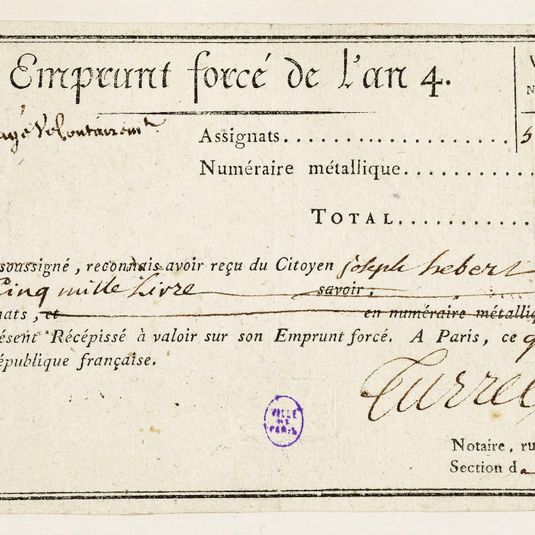 Rescription de l'emprunt forcé de l'an 4 de 5000 livres, Commune de Paris, section de Montblanc, N° 63, 15 Nivôse an 4
