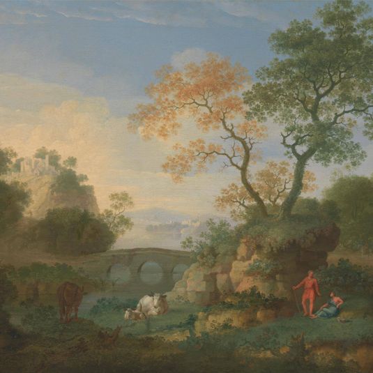 A Landscape with Distant Classical Ruins, a Bridge, Figures, and Cattle