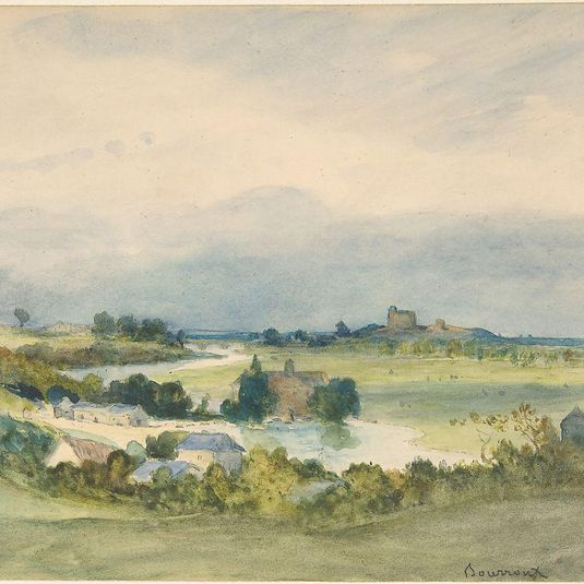 Extensive landscape prospect with a fortified building on hill in the background (recto); Study of a landscape and a female figure (verso)