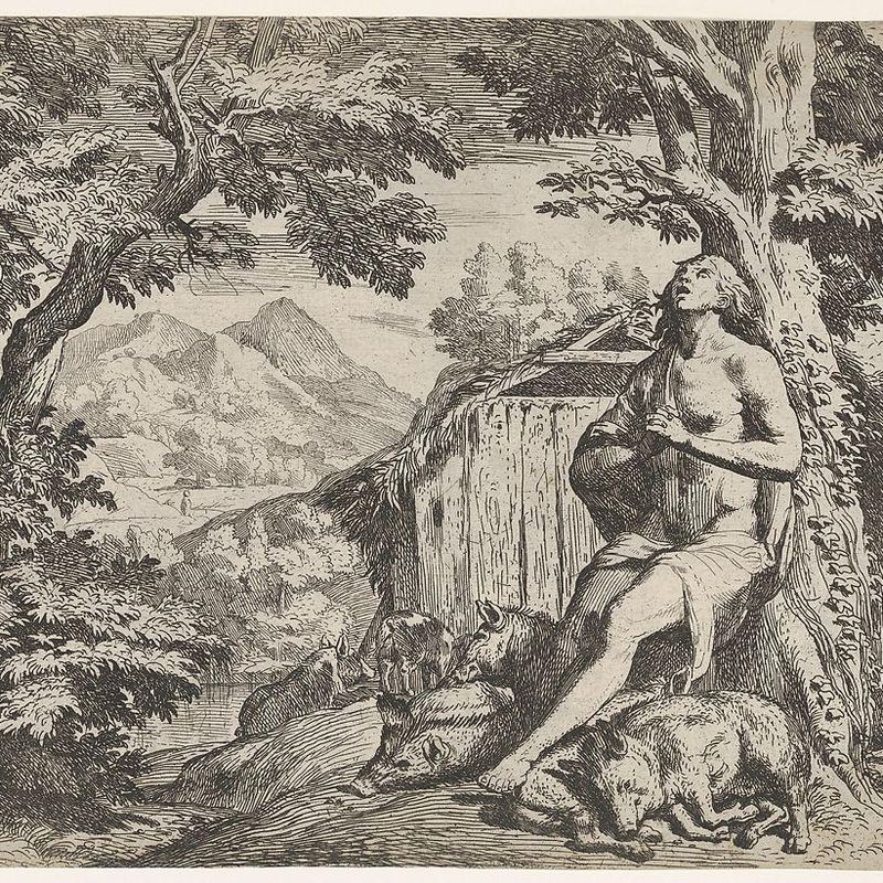 The prodigal son seated at the base of a tree among swine, his gaze directed upward and his hands folded at his chest, surrounded by a wooded landscape and a pigsty