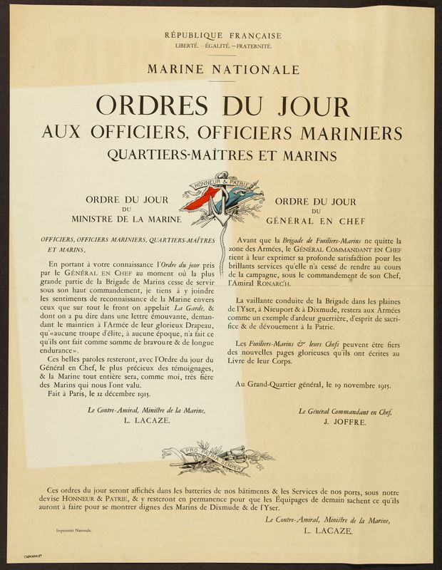 REPUBLIQUE FRANCAISE/ LIBERTE - EGALITE - FRATERNITE/ MARINE NATIONALE/ ORDRES DU JOUR/ AUX OFFICIERS, OFFICIERS MARINIERS/ QUARTIERS-MAITRES ET MARINS
