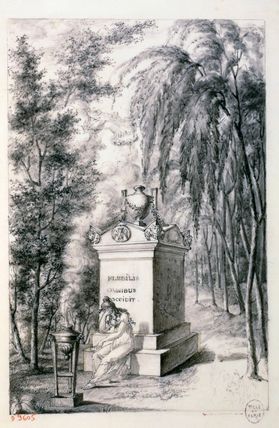 Femme pleurant auprès d'une stèle funéraire