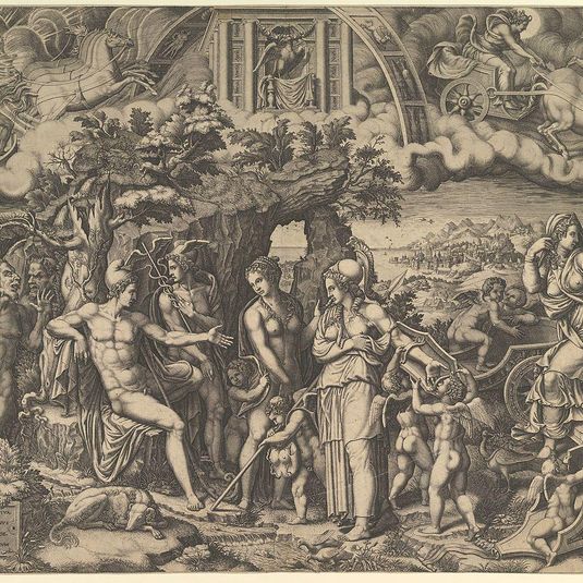The Judgment of Paris; Paris seated on a rock choosing between the goddesses Venus, Juno, and Minerva, the god Mercury with a caduceus in between them