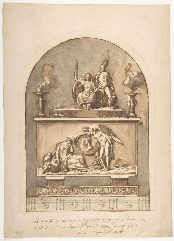 Design for a Sepulchral Monument Divided in Two Parts with Bas Relief Surmounted by Statues and Foliate Decoration Below.