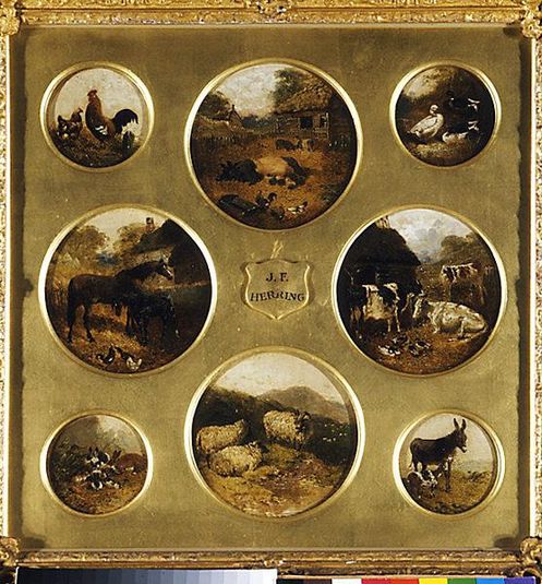 Eight Circular Farmyard Scenes (1. Pigs; 2. Mare and Foal; 3. Cows; 4. Sheep; 5. Chickens; 6. Ducks; 7. Rabbits; 8. Donkey)