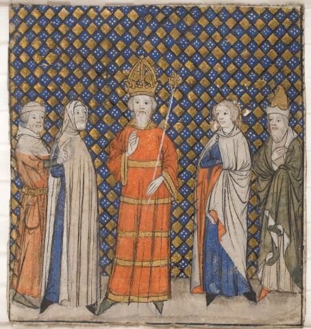Heerser met vier raadsleden, miniatuur uit een Franse tekst, waarschijnlijk een kroniek