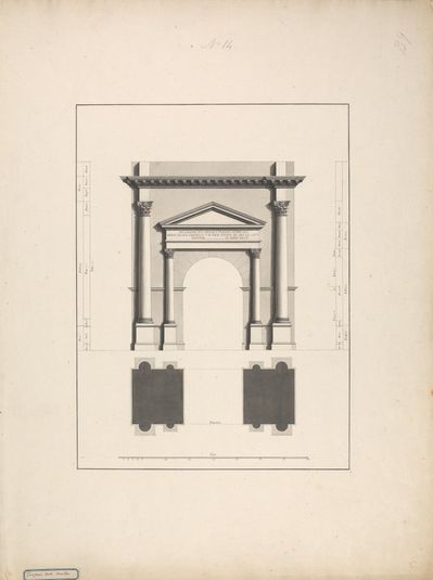 Elevation and Plan of Trajan's Arch at Makther; erso: Elevation of Pedestal and Entablature of Trajan's Arch