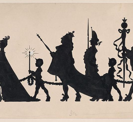 Tailpiece, silhouette of a king in procession with courtiers and page