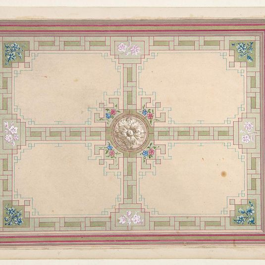 Design for a ceiling with floral accents and Greek key border