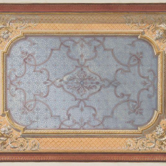 Design for the decoration of a ceiling with urns, swags, and portrait medallions in the four corners