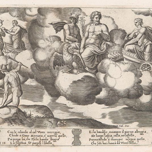Plate 18: Venus in her dove-drawn chariot complaining to Jupiter, who is accompanied by Mercury and an eagle, at left Mercury has descended to earth, from the Story of Cupid and Psyche as told by Apuleius