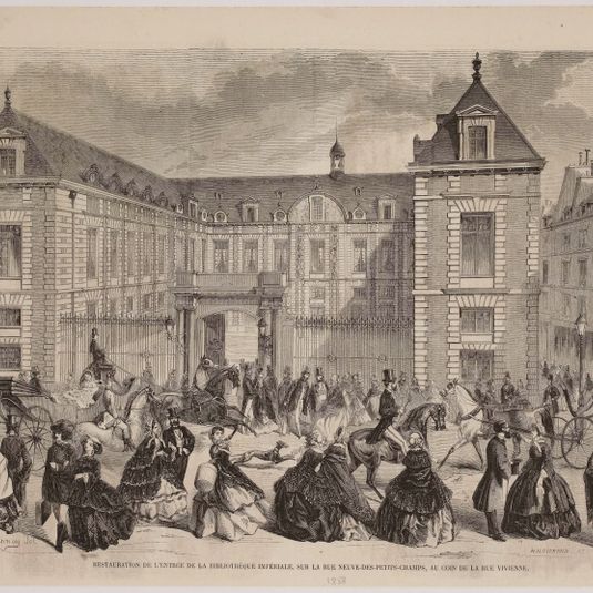 Restauration de l'entrée de la Bibliothèque impériale, sur la rue neuve-de-petits-champs., au coin de la rue Vivienne.