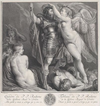 Hero crowned by Victory, who places a laurel wreath on his head, Venus and Cupid at left, Envy at left in the background, Silenus on the ground, under the hero's foot