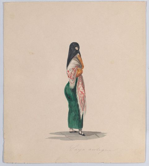 A woman wearing the saya standing in profile, from a group of drawings depicting Peruvian costume