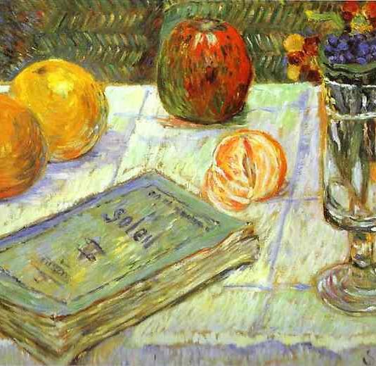 Stilleben mit einem Buch und Orangen