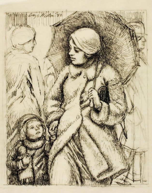 Woman with Umbrella and Child