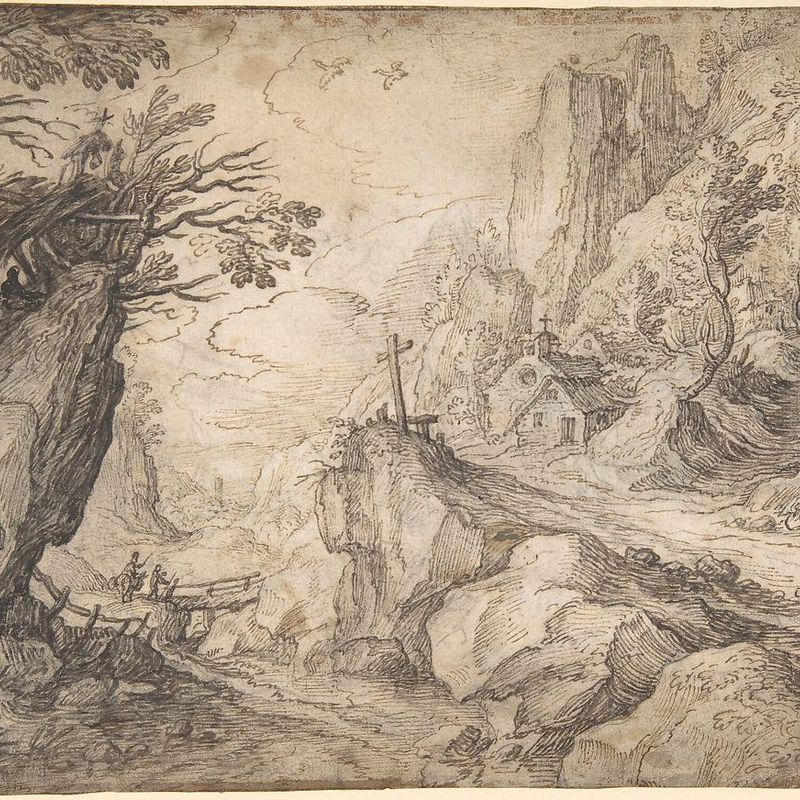A Mountainous River Landscape with a Hermit and a Chapel