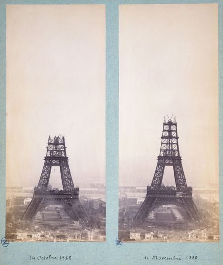 Construction de la tour Eiffel pour l'Exposition universelle de 1889. Vue du Champs-de-Mars photographié depuis l'une des tours du palais du Trocadéro, 7ème arrondissement, Paris. 14 octobre 1888.