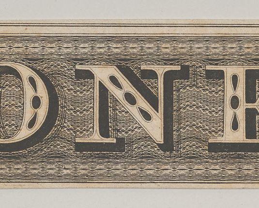 Banknote motif: the word ONE set against a rectangular band of lathe work