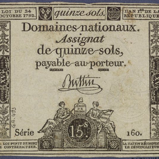 Assignat de 15 sols, série 160me, 24 octobre 1792
