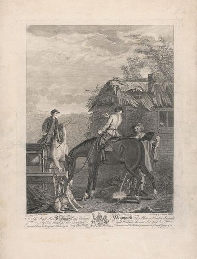 A set of seven, untitled, each dedicated: To the Right Hon'ble. Thomas Lord Viscount Weymouth...from the Original Painting in Long Leat Hall. [Centre, a grey held by a hunt servant, with other horses and hounds....]