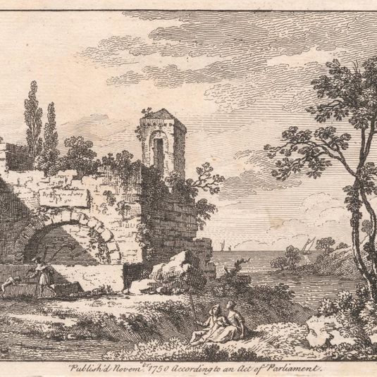 Landscape with ruins and view of sea, traveller and dog and traveller and woman (set of 6)