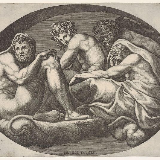 Hercules, Bacchus, Pan, and another god seated on a cloud under an arch, an oval composition, from a series of eight compositions after Francesco Primaticcio's designs for the ceiling of the Ulysses Gallery (destroyed 1738-39) at Fontainebleau
