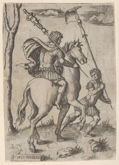Scipio Africanus on horseback preceeded by a foot soldier holding a standard