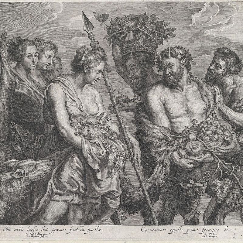 Diana returning from the chase, accompanied by dogs and her nymphs at left, two satyrs at right