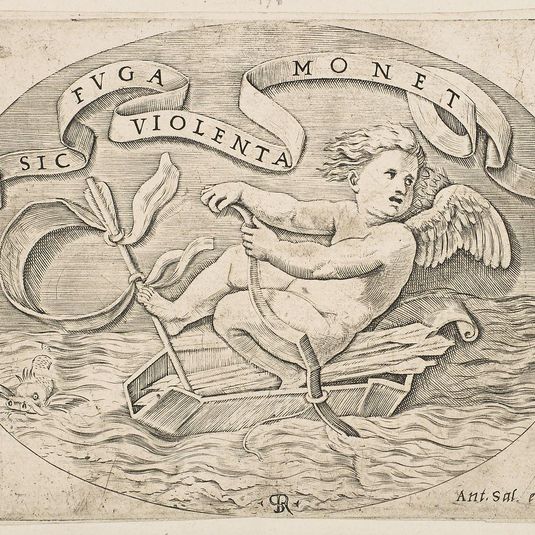 Eros Escaping by Sea; Cupid using his bow to propel a boat made from his quiver with an arrow as the mast and his blindfold as the sail, a banderole above