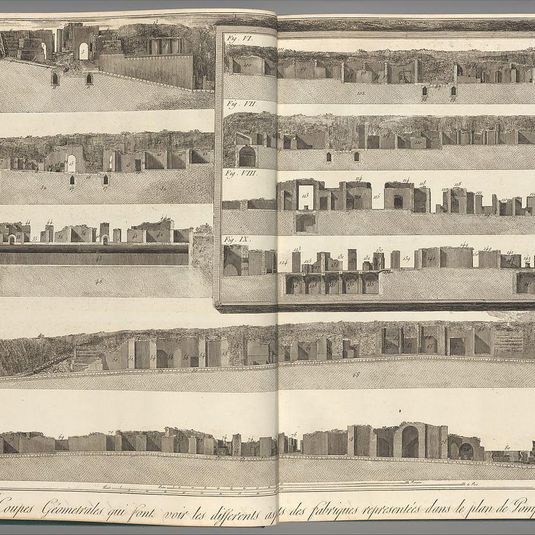 Cross-sections, which show the different aspects of the buildings shown in the plan of Pompeii [the preceding plate], from Antiquités de Pompeïa, tome premier, Antiquités de la Grande Grèce... (Antiquities of Pompeii, volume one, Antiquities of Great Greece...), volume 1, plate 3