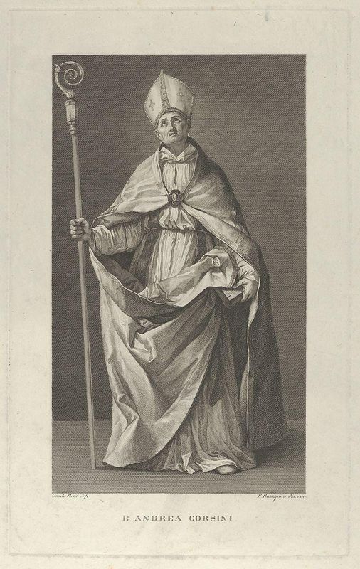 Saint Andrea Corsini dressed as Bishop of Fiesole, holding a crosier and looking up, after Reni