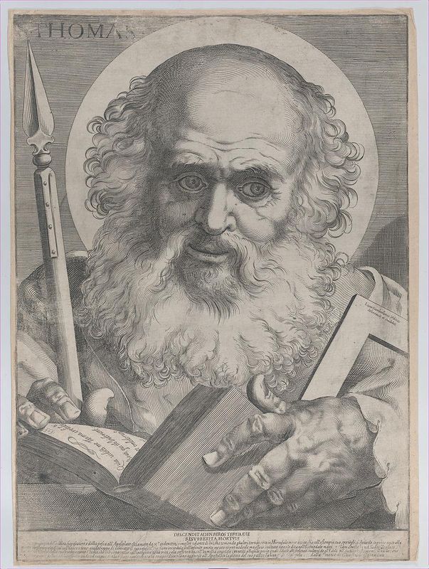 Saint Thomas, with a lance in a right hand and a book and square in his left hand