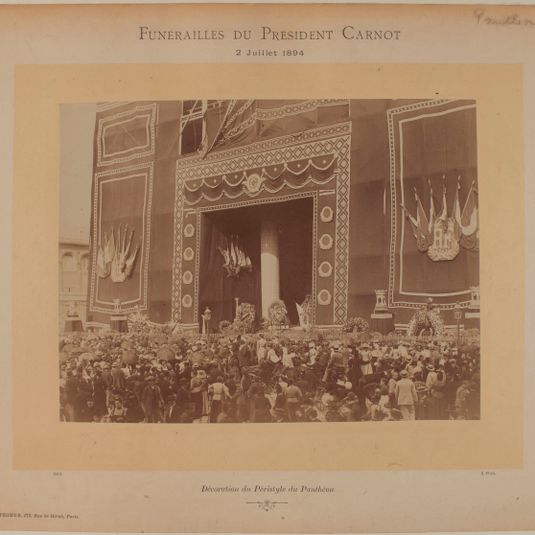Funérailles du président Carnot, 2 juillet 1894. Décoration du Péristyle du Panthéon, 5ème arrondissement, Paris.