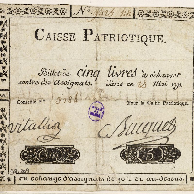 Billet de 5 livres, caisse patriotique du 28 mai 1791, n° 9425 44, F° 3184, 28 mai 1791